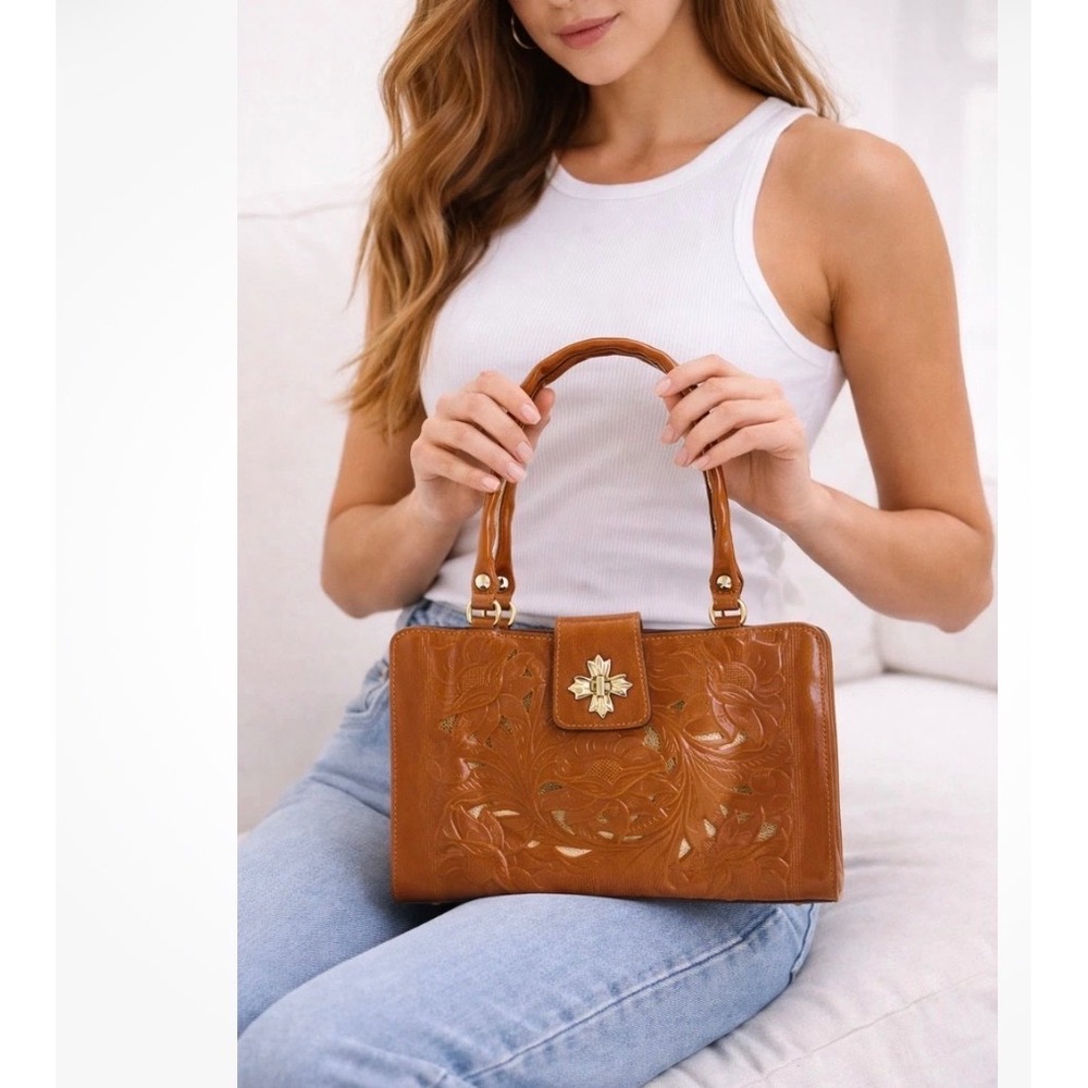Patricia Nash Tan Tooled Leather Floral Satchel Handbag Gold Underlay Twist Lock